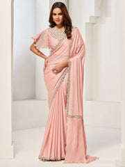 Glamorous Peach Sequins Satin Silk Wedding Wear Saree With Blouse