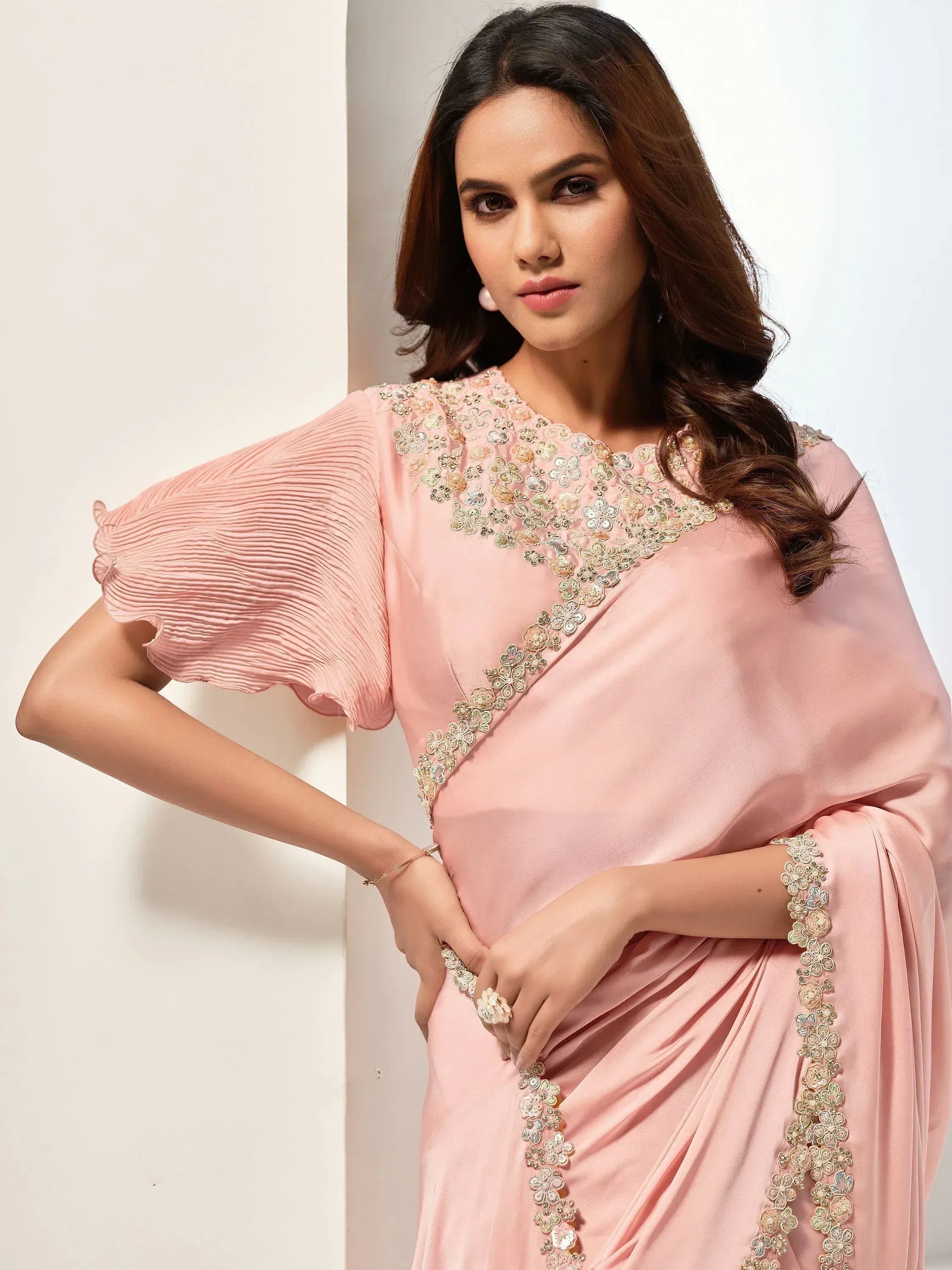 Pink designer saree with floral embroidery and pleated sleeves, ethnic wear for women