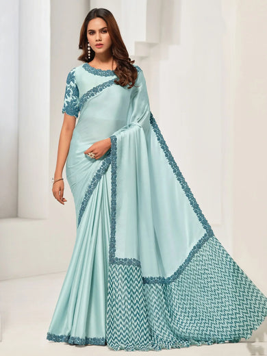 Alluring Light Blue Sequins Satin Silk Event Wear Saree With Blouse