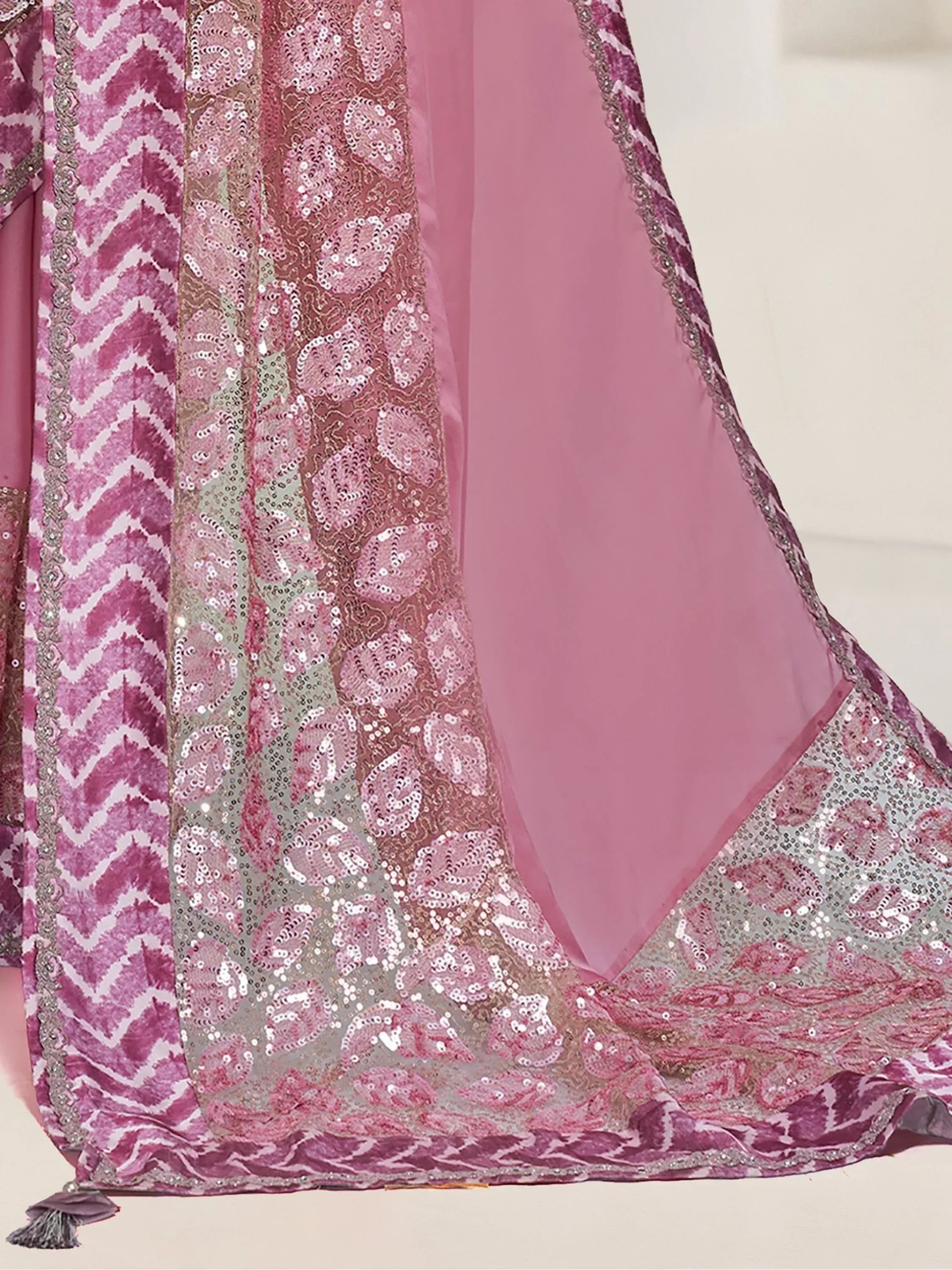 Pink ethnic gown with sequin paisley and chevron print, perfect for Indian occasions