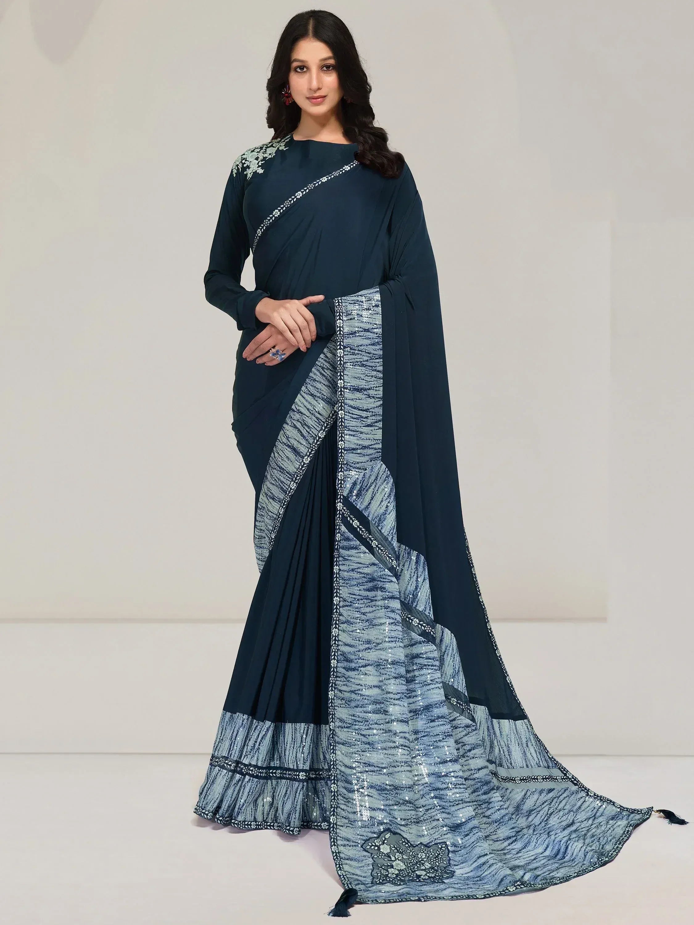 Navy blue saree with sequin border and floral embroidery, Indian ethnic wear for women