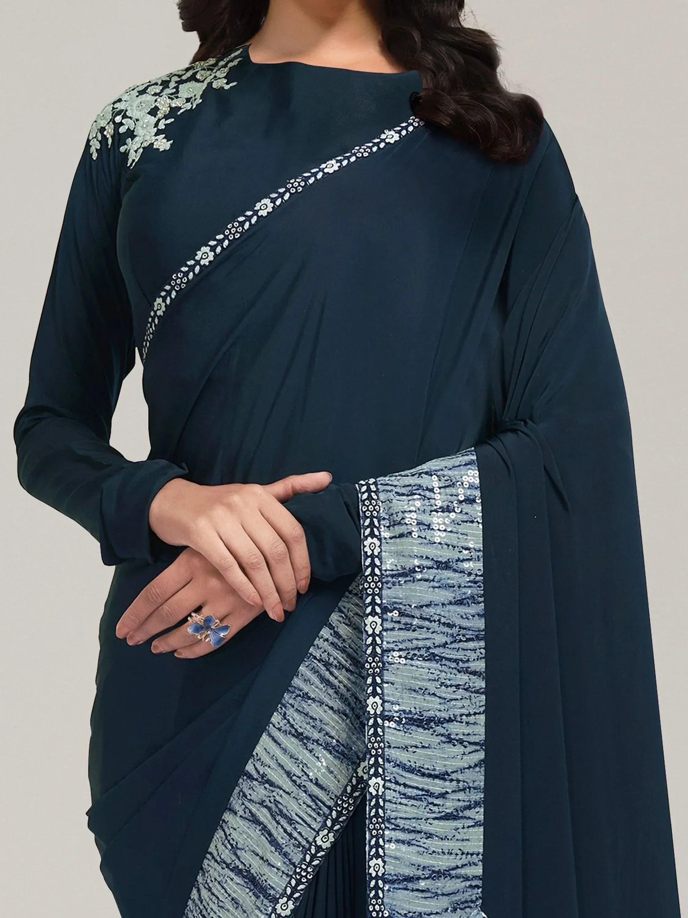 Dark green saree with floral embroidery and sequin border, Indian ethnic wear