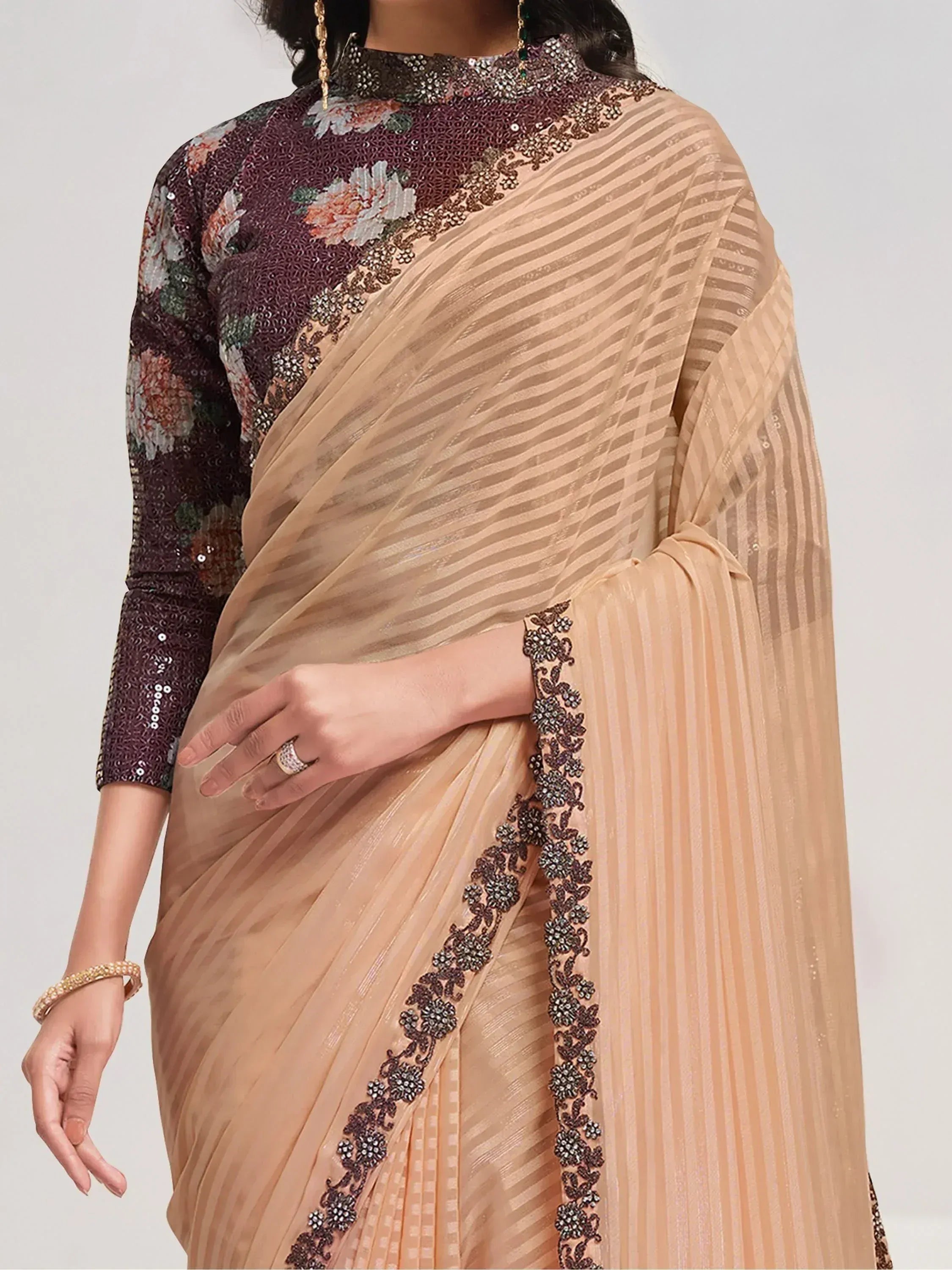 Beige striped saree with floral sequin blouse, ethnic Indian wear for women