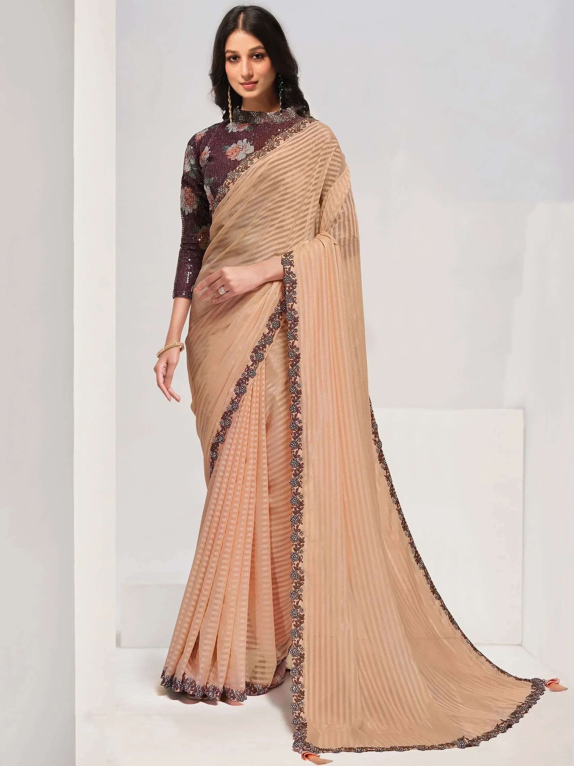 Beige pleated saree with floral sequin blouse, ethnic Indian wear for women