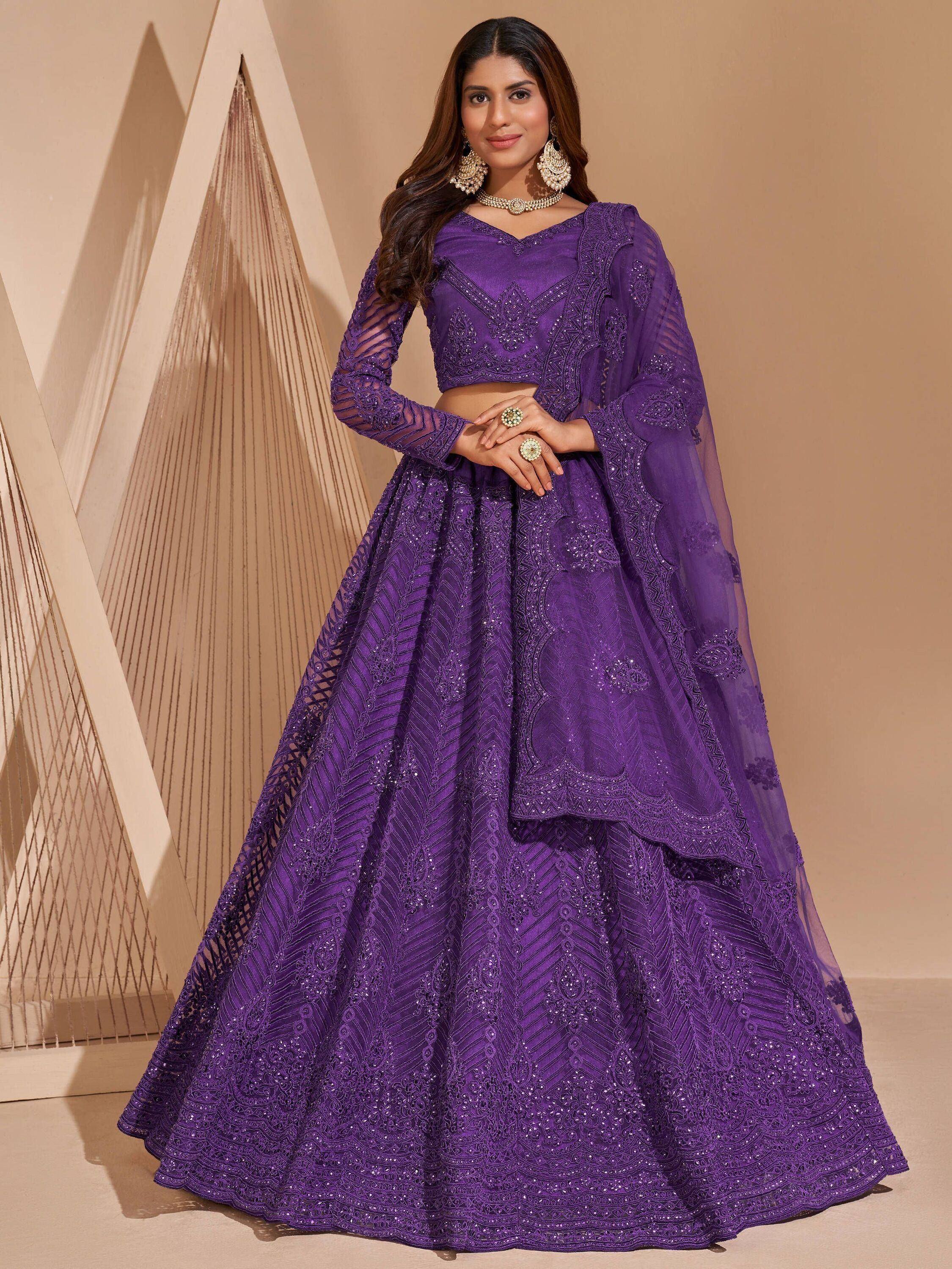 Purple embroidered lehenga choli with sheer dupatta, Indian ethnic wear for weddings and parties