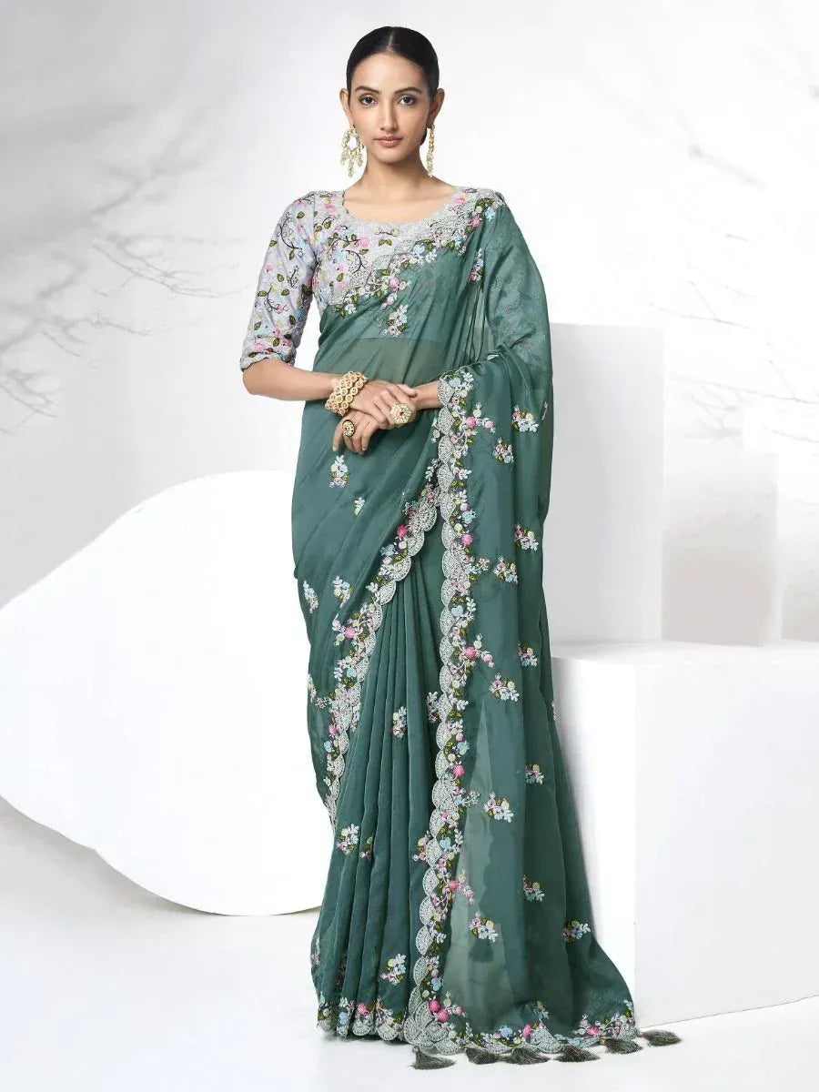 Elegant green floral embroidered saree with matching blouse, perfect for Indian ethnic occasions