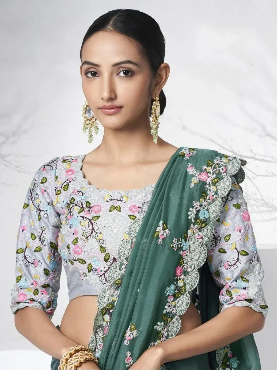 Floral embroidered grey blouse with green saree, ethnic Indian wear for women