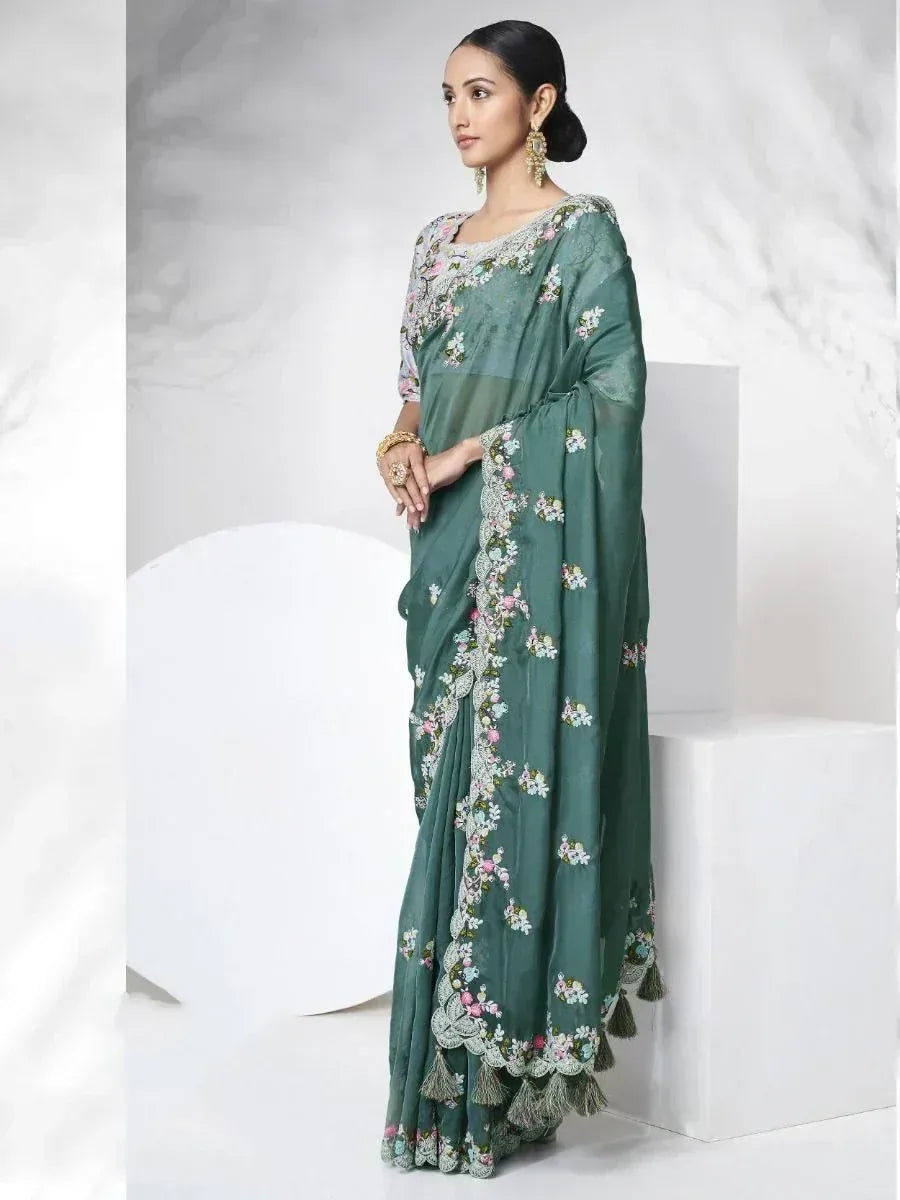 Green floral embroidered saree with tassels, Indian ethnic wear for women