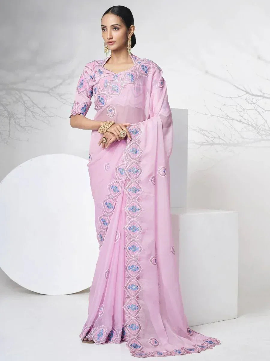 Stunning Pink Organza Floral Embroidered Reception Look Saree
