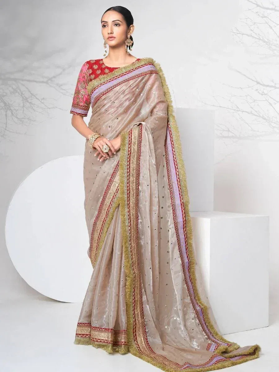Dazzling Mauve Organza Foil Mirror Wedding Style Saree
