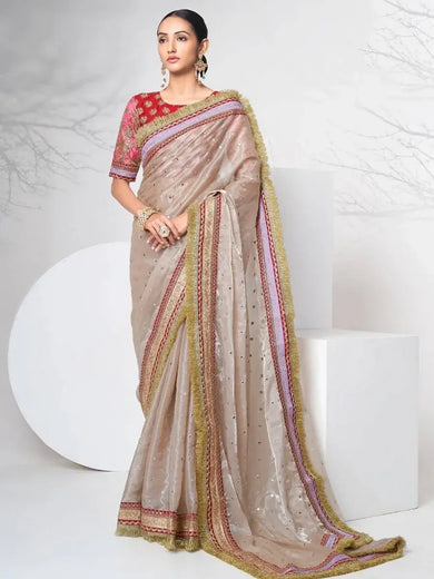 Dazzling Mauve Organza Foil Mirror Wedding Style Saree