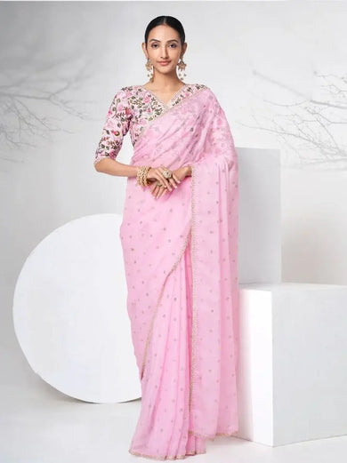 Sensational Pink Organza Mukaish Work Party Saree