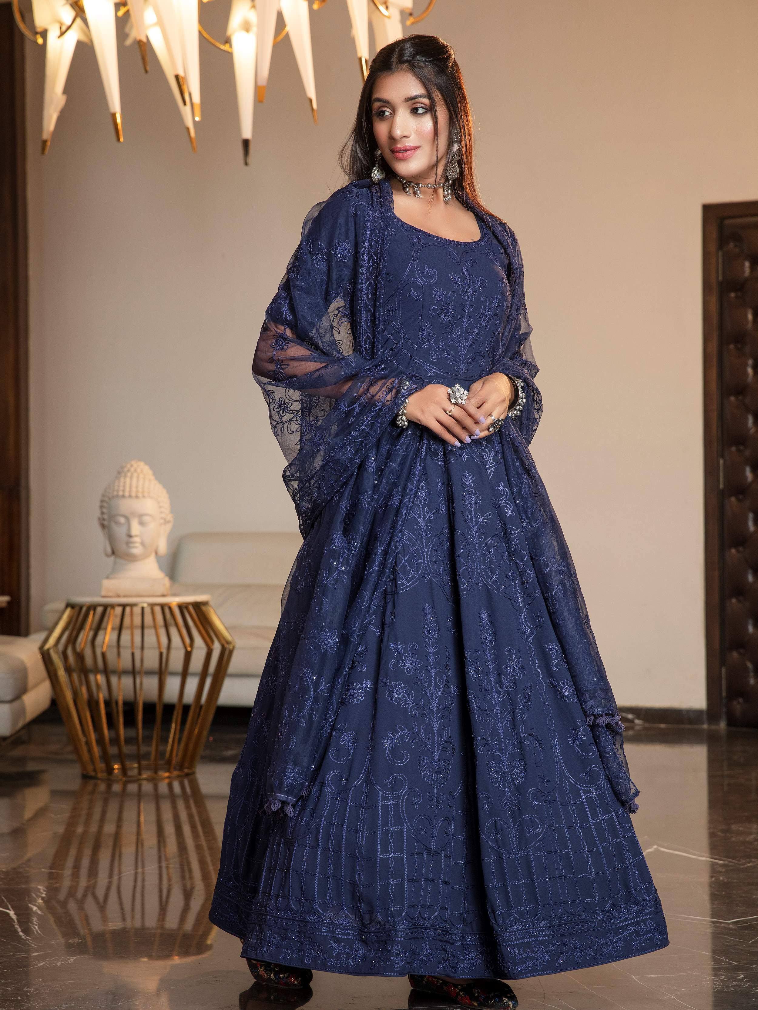 Navy blue embroidered anarkali suit with sheer dupatta, perfect for Indian ethnic occasions