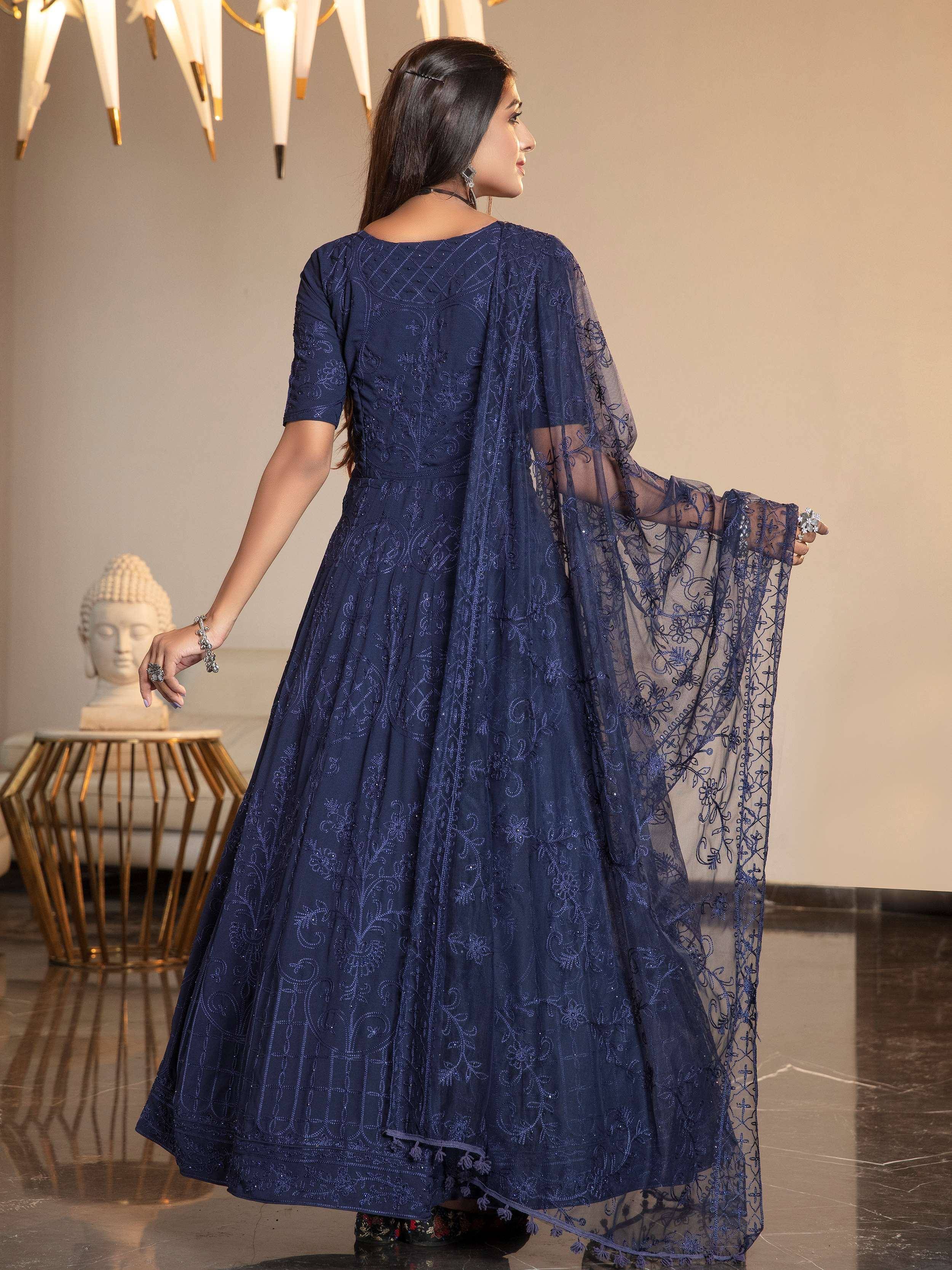 Navy blue embroidered anarkali suit with sheer dupatta, ethnic Indian wear for women