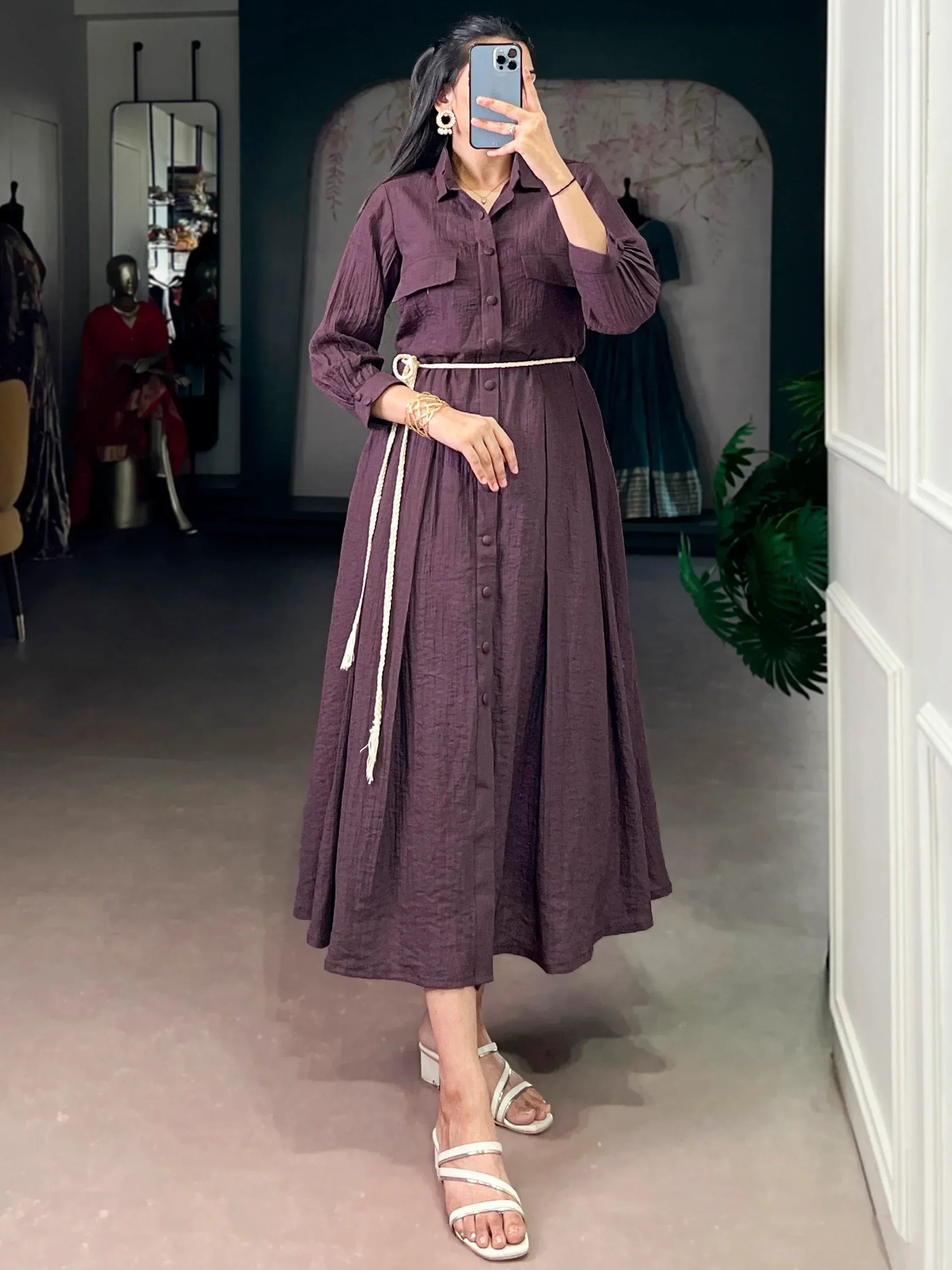 Amazing Deep Purple Plain Georgette Casual Wear Dress