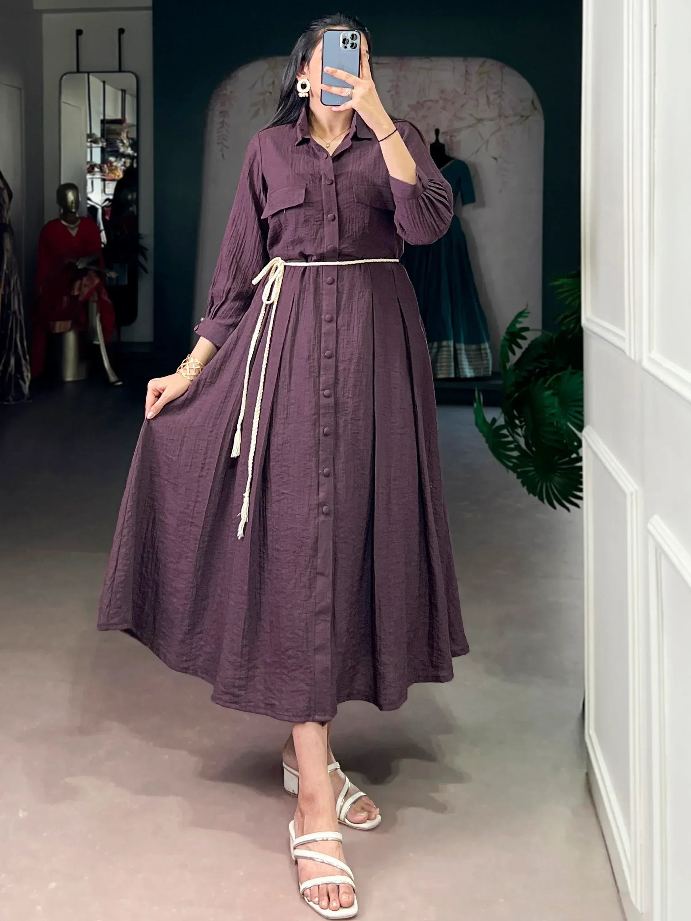 Amazing Deep Purple Plain Georgette Casual Wear Dress