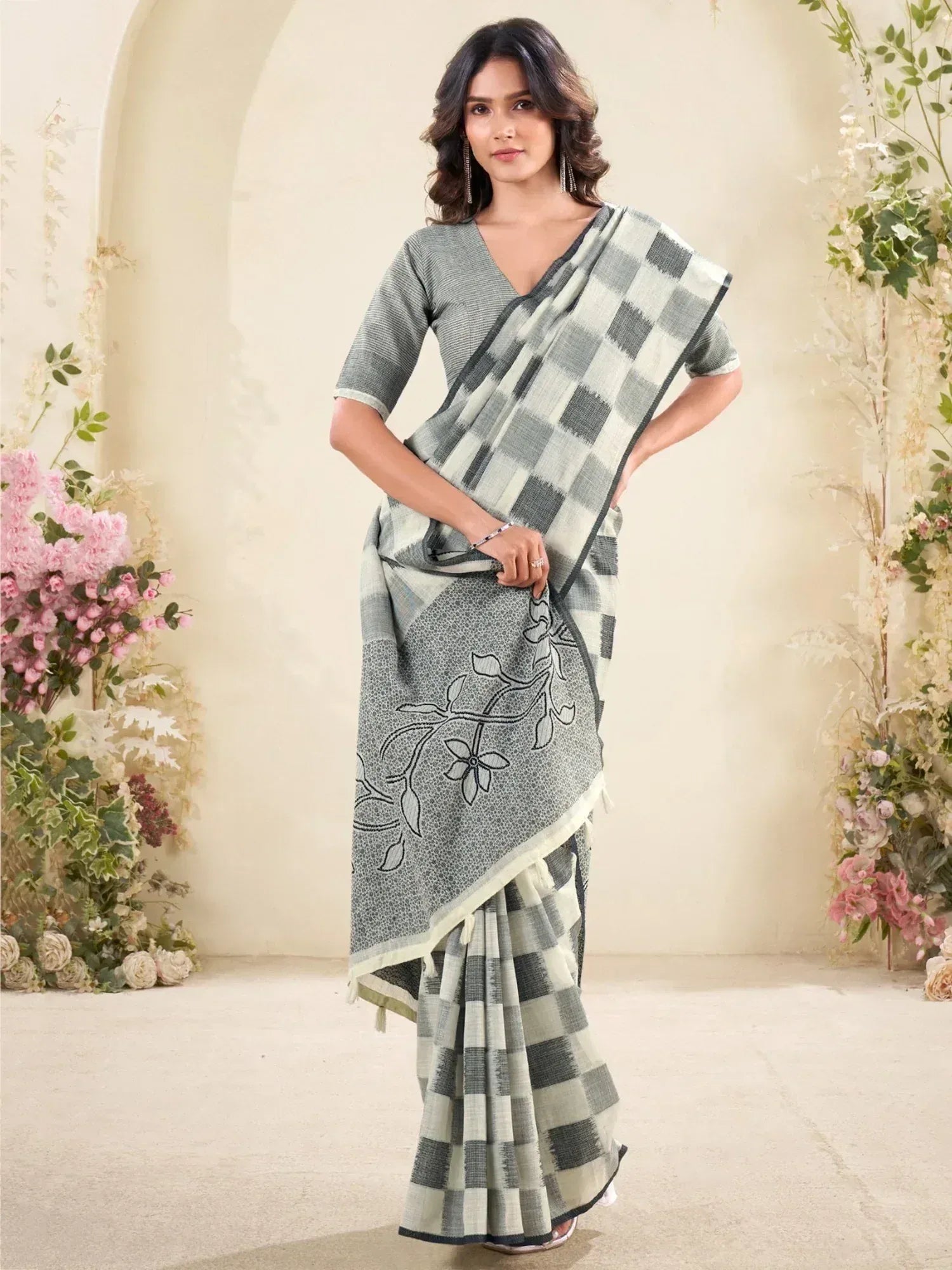 Alluring Grey Digital Printed Silk Office Wear Saree With Blouse