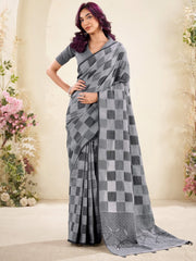 Charming Grey Digital Printed Silk Casual Wear Saree With Blouse