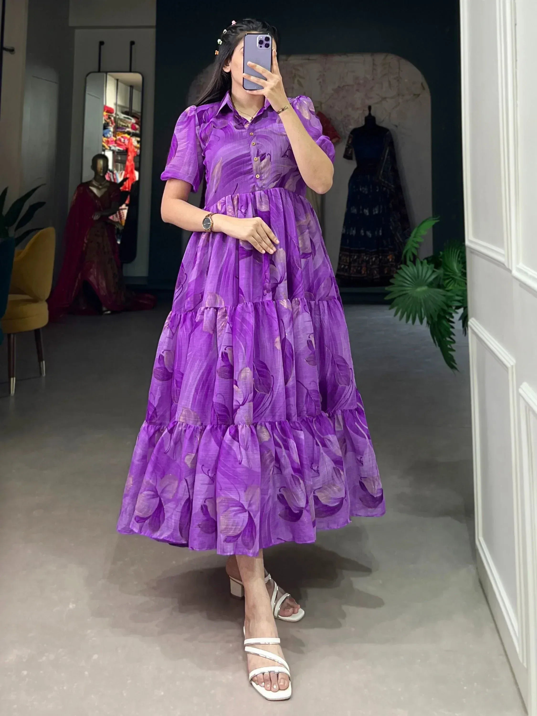 Purple floral print tiered ethnic gown with puff sleeves, perfect for Indian occasions