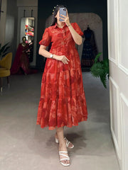 Outstanding Red Floral Printed Chiffon Festival Wear Dresses