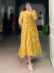 Outstanding Yellow Floral Printed Georgette Casual Wear Dress