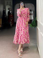 Enchanting Pink Floral Printed Georgette Casual Wear Dress