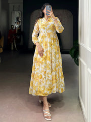 Great Yellow Floral Printed Georgette Casual Wear Dress