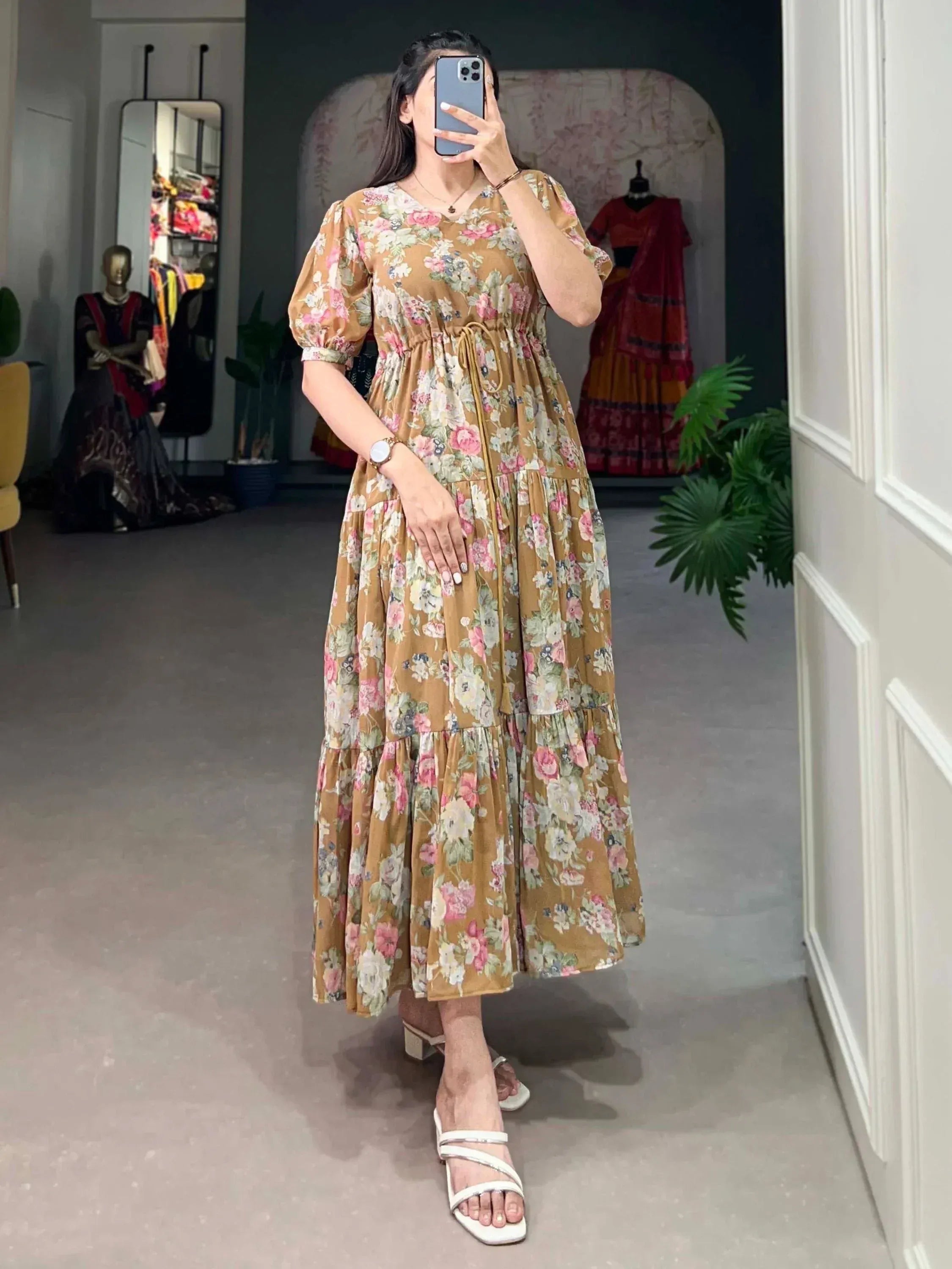 Floral tiered maxi dress with puff sleeves, perfect for ethnic occasions and casual wear.