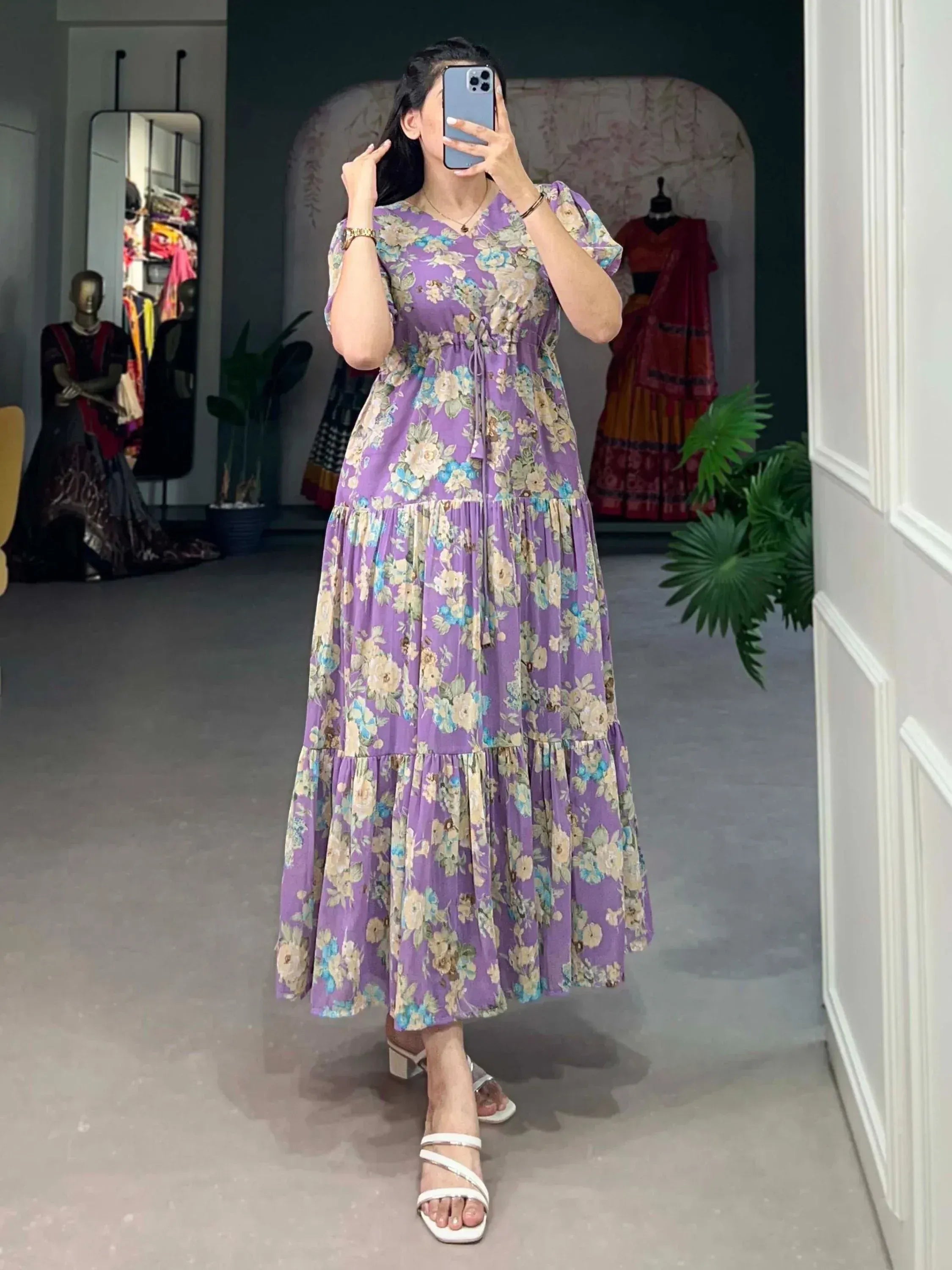 Purple floral tiered maxi dress with puff sleeves, perfect for ethnic occasions and casual wear.