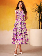 Incredible Purple Flower Printed Silk Casual Wear Dress