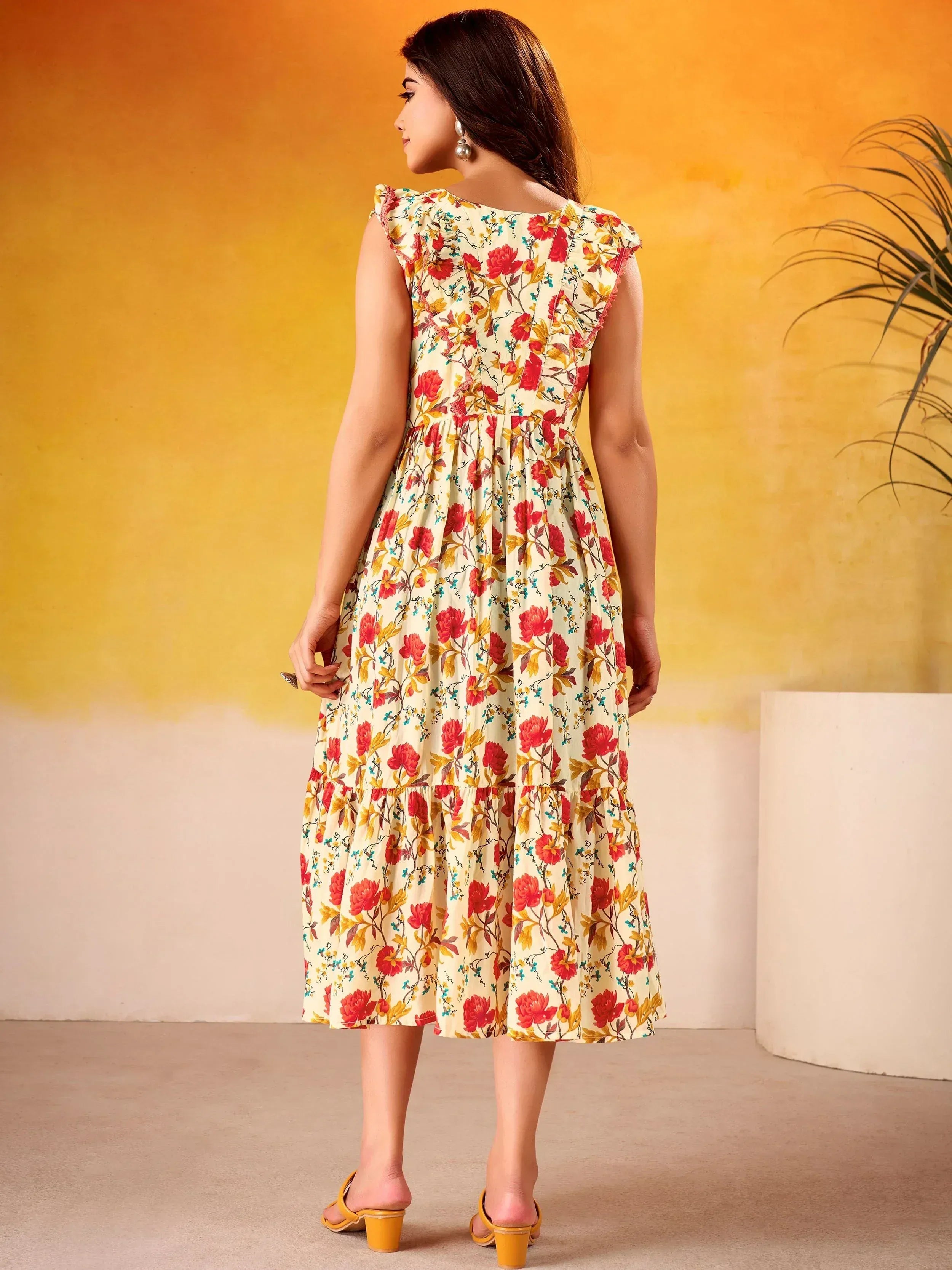 Adorable Red Flower Printed Silk Casual Wear Dress