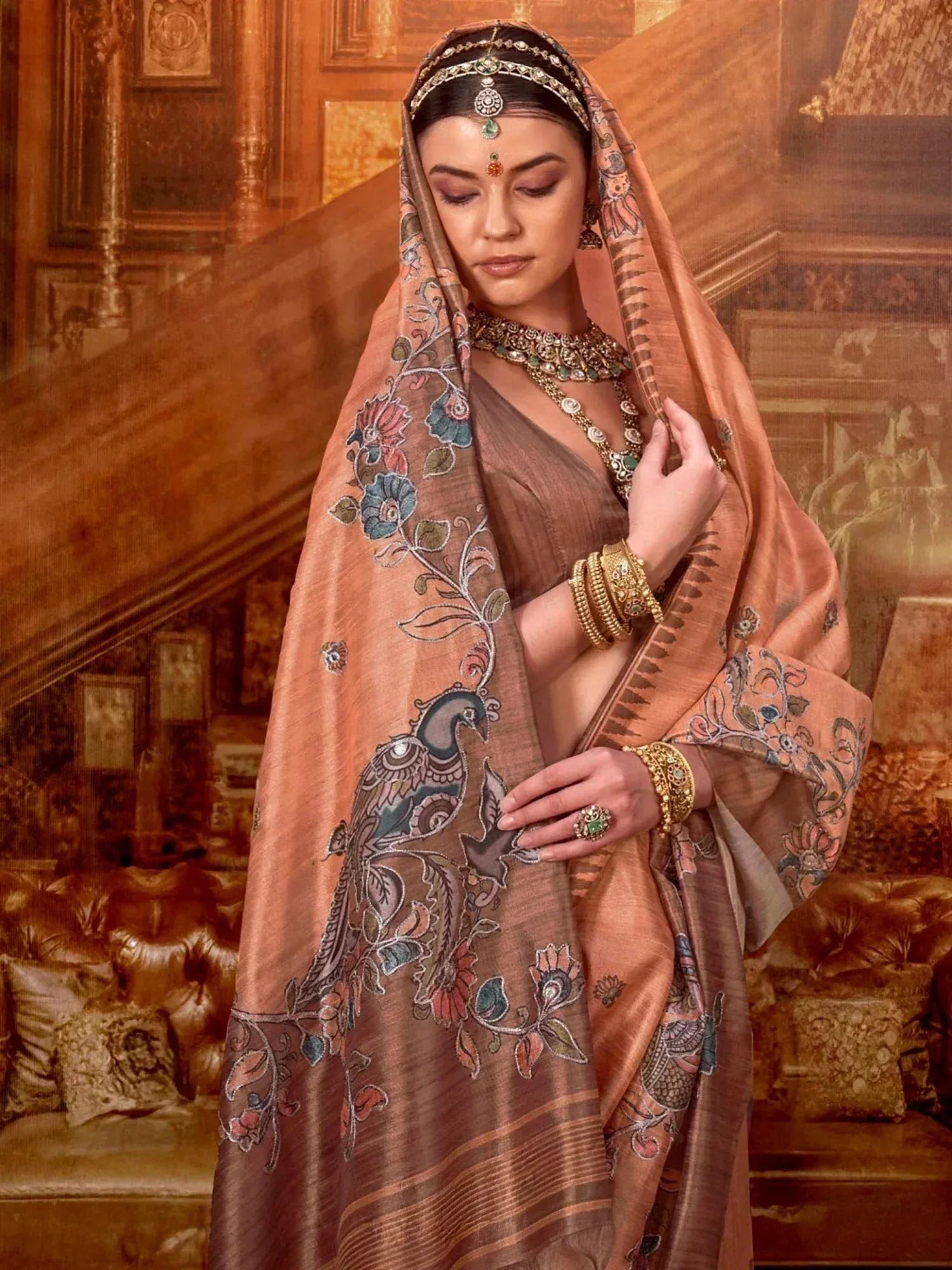 Beautiful Peach Hand Work Tussar Silk Festive Wear Saree With Blouse