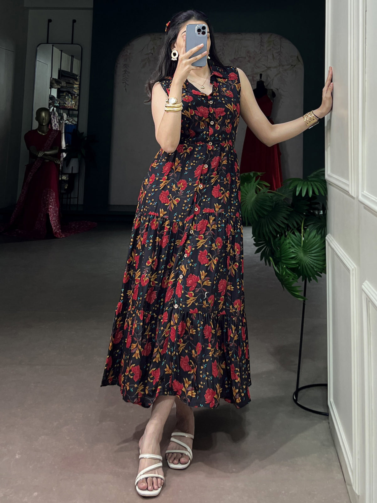 Captivating Black Floral Printed Muslin Silk Casual Wear Dress