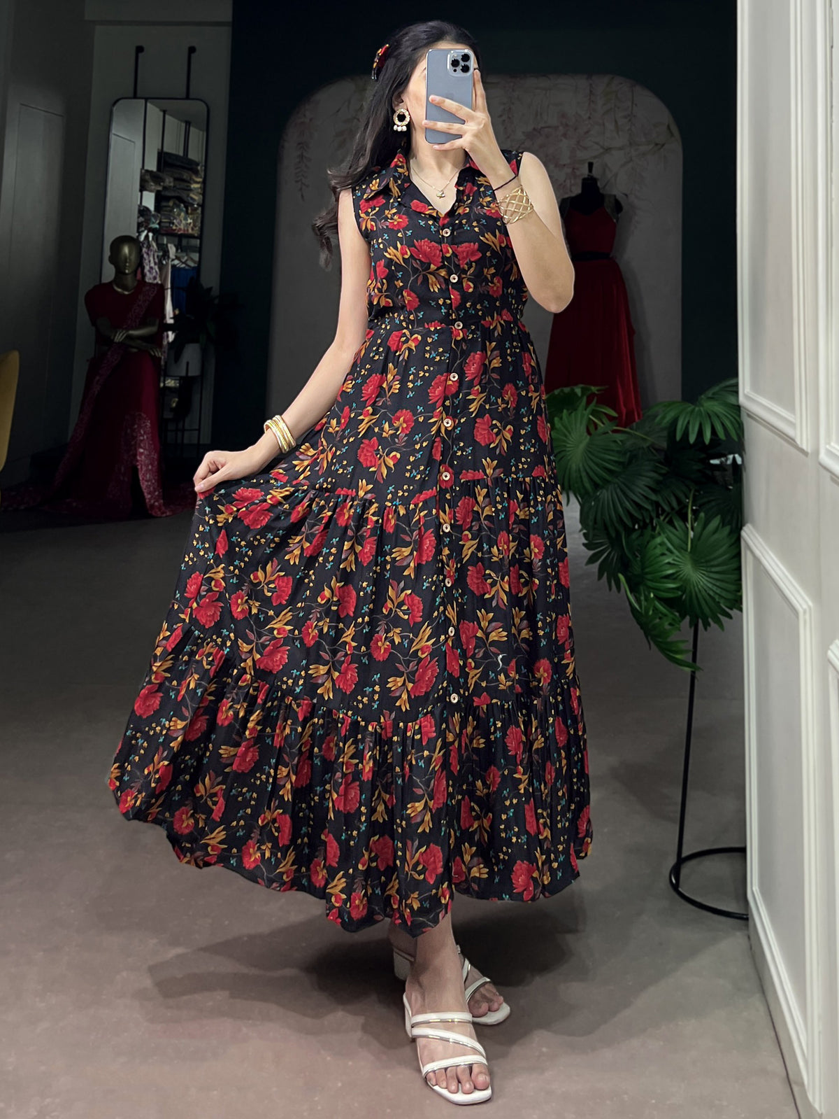 Captivating Black Floral Printed Muslin Silk Casual Wear Dress