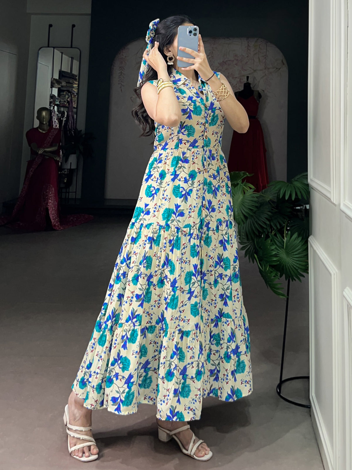 Fantastic Sky Blue Digital Printed Muslin Silk Office Wear Dress