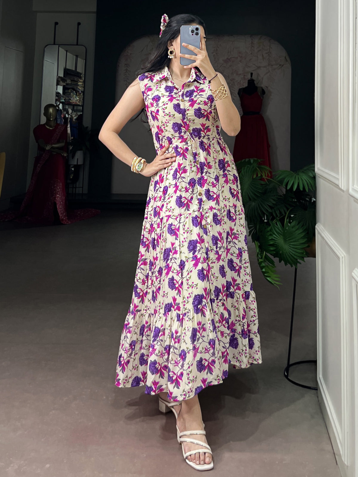 Fantastic Purple Floral Printed Muslin Silk Casual Wear Dress