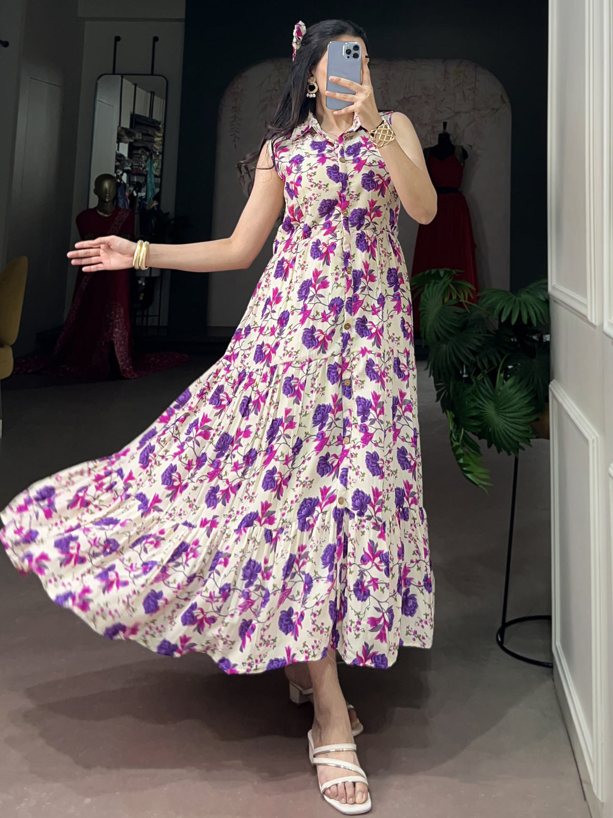 Fantastic Purple Floral Printed Muslin Silk Casual Wear Dress