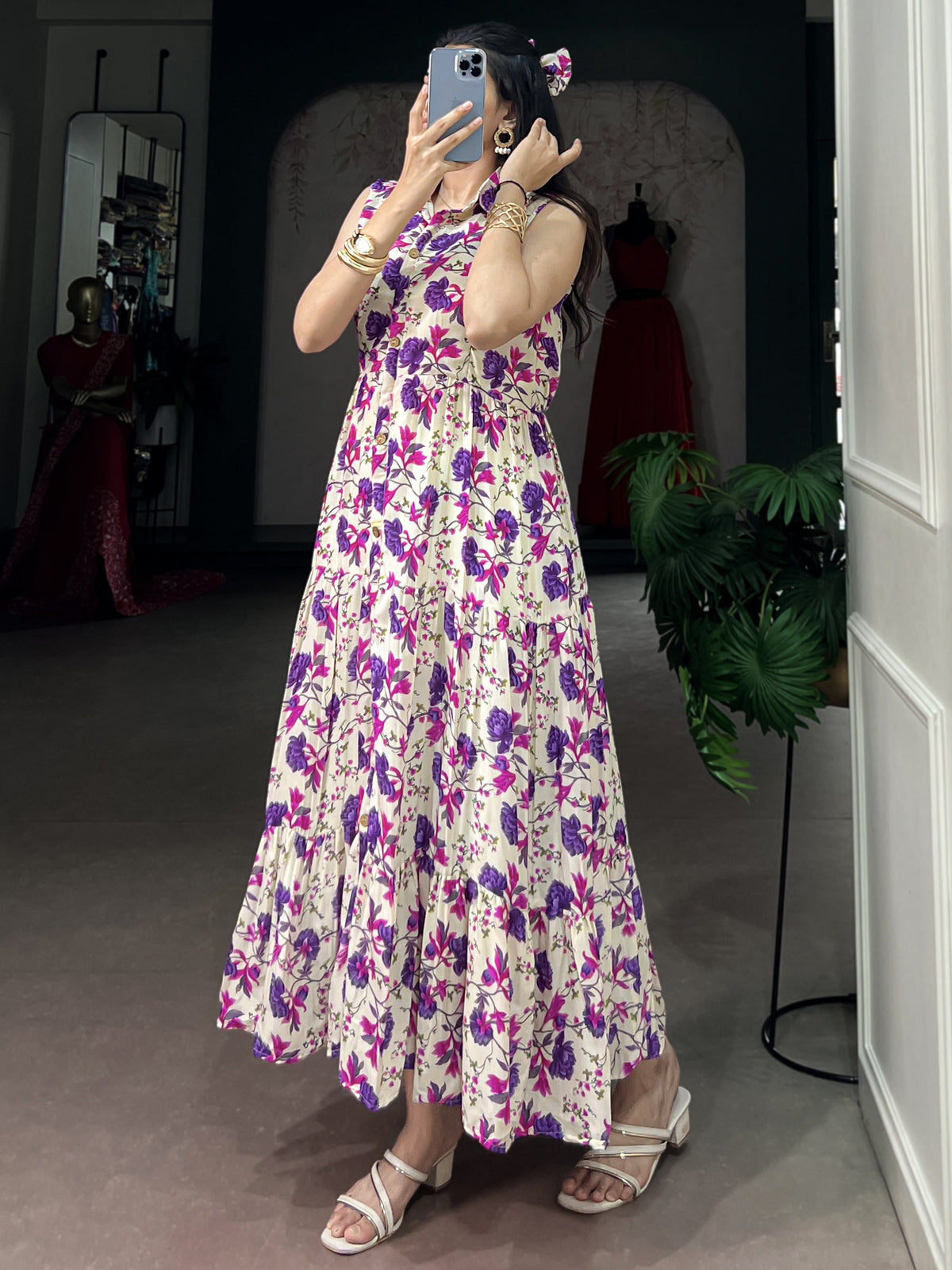 Fantastic Purple Floral Printed Muslin Silk Casual Wear Dress