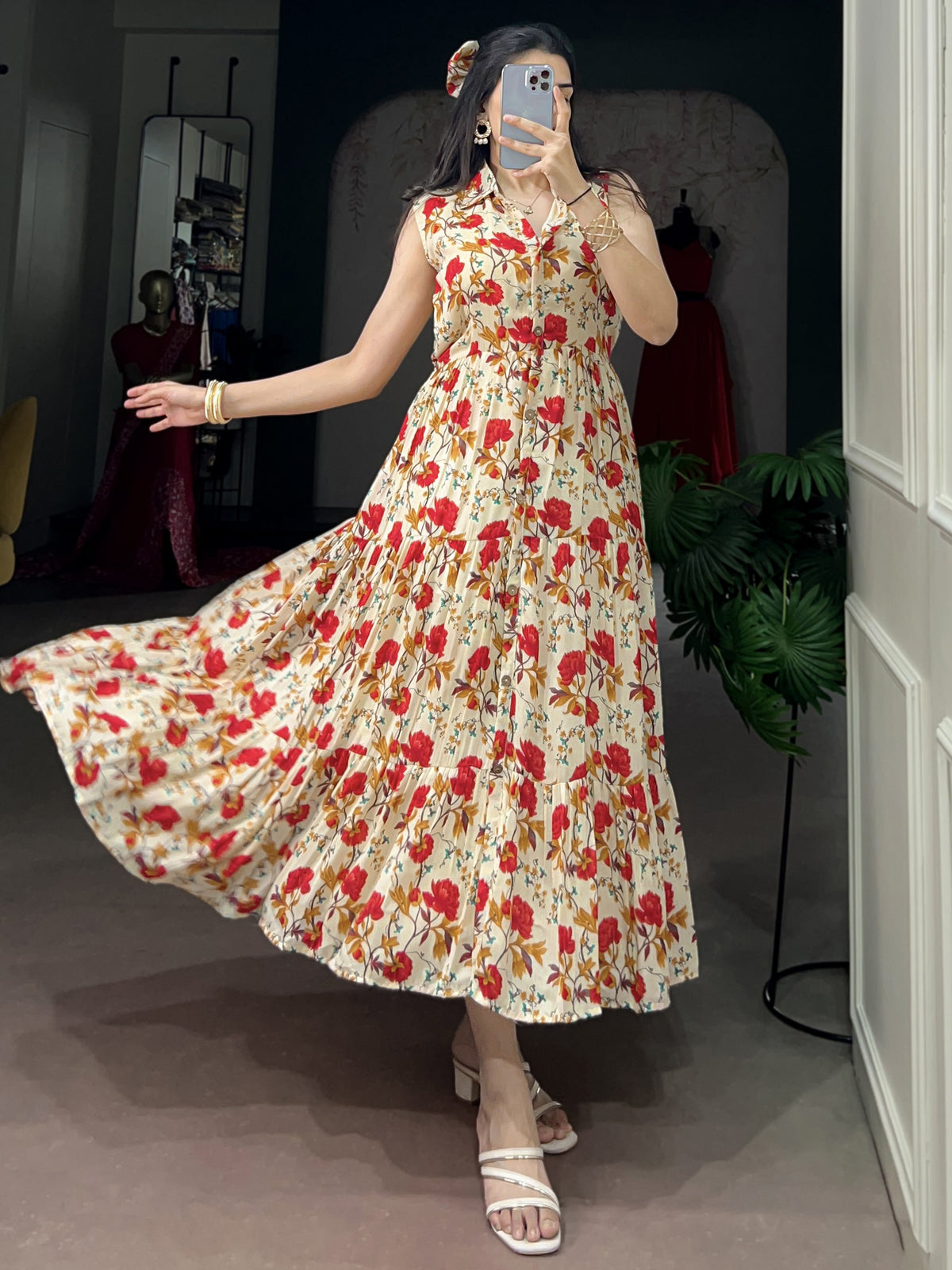 Stunning Red Floral Printed Muslin Silk Daily Wear Dress