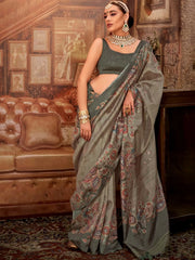 Dazzling Green Hand Work Tussar Silk Mehendi Wear Saree With Blouse