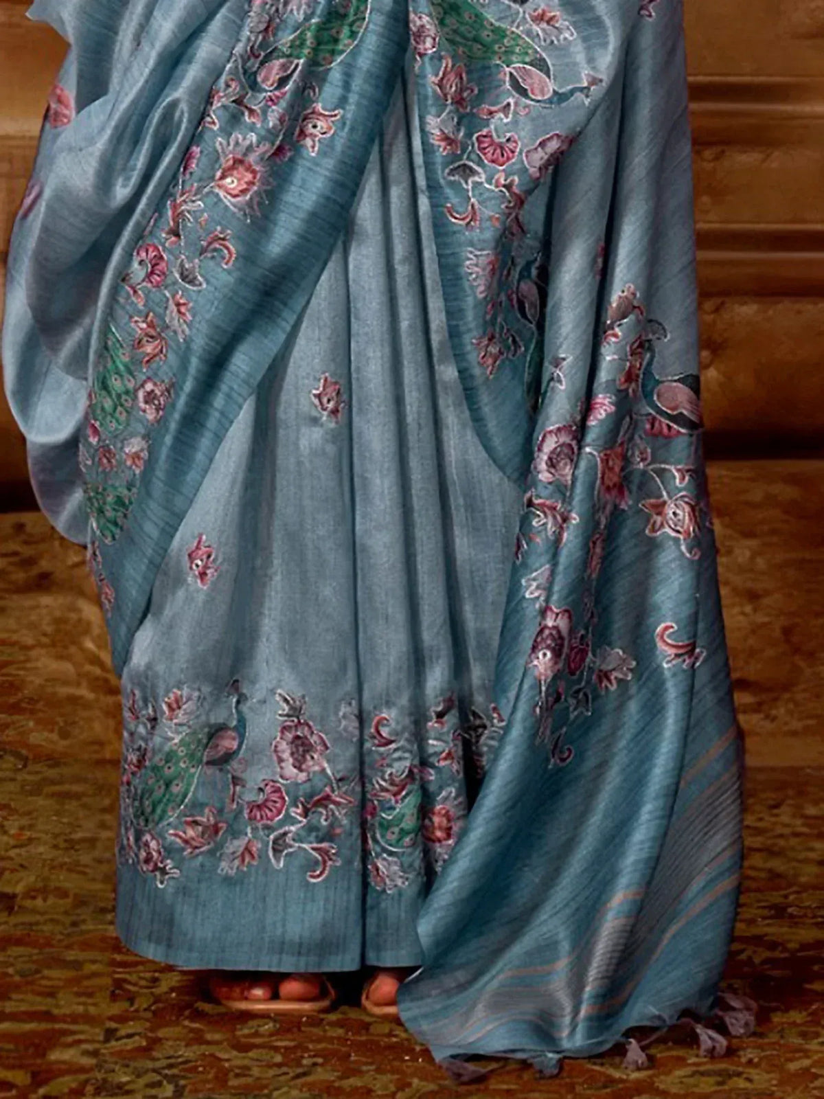 Teal saree with peacock and floral embroidery, Indian ethnic wear