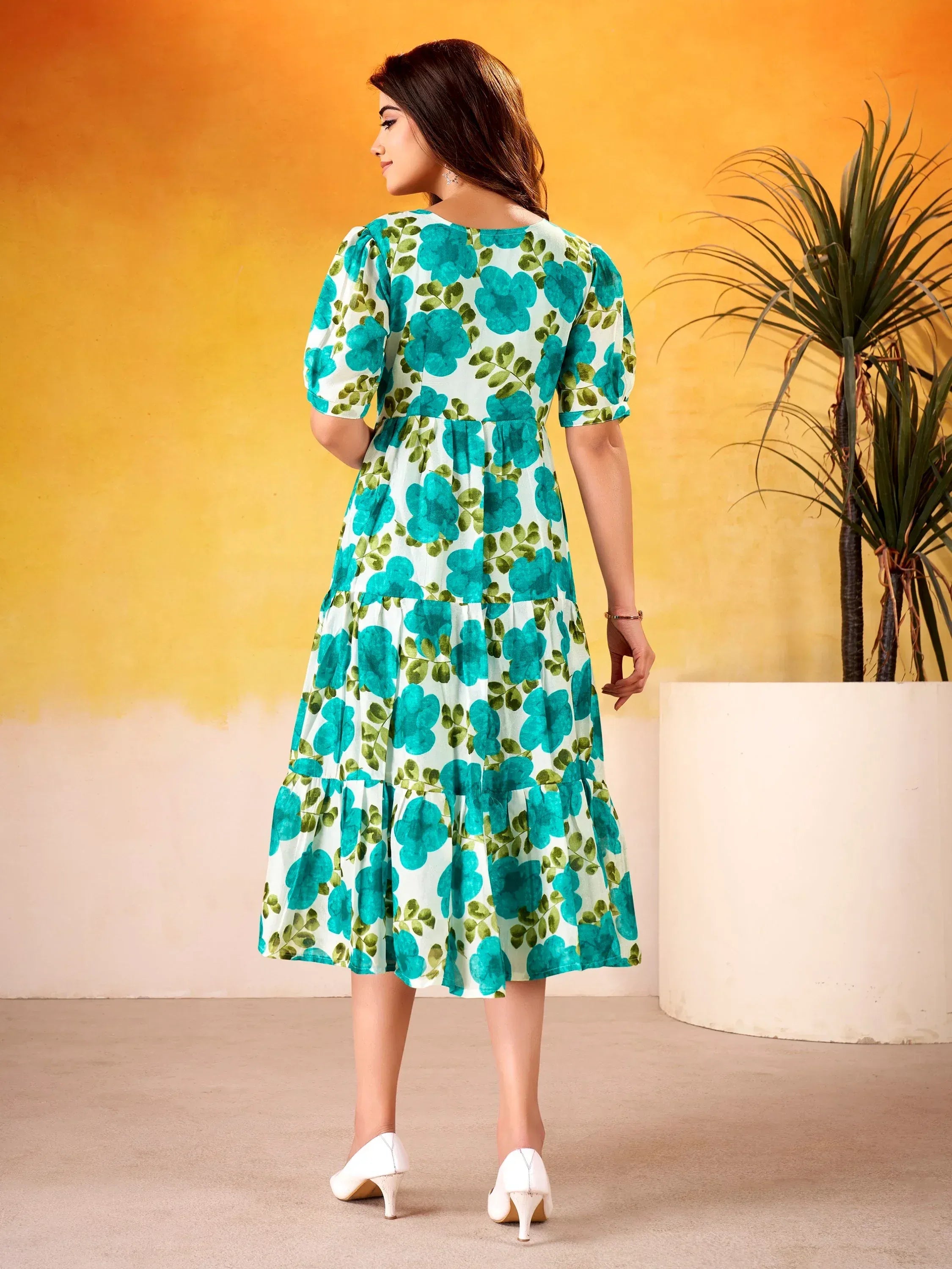 Beautiful Teal Green Flower Printed Silk Summer Wear Dress