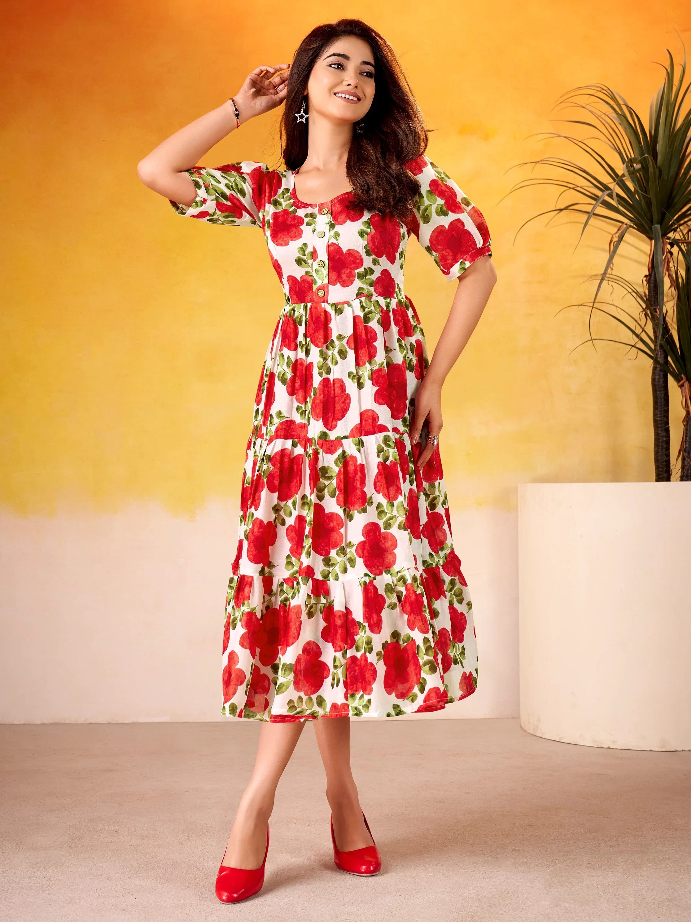 Lovable Red Floral Printed Silk Office Wear Dress