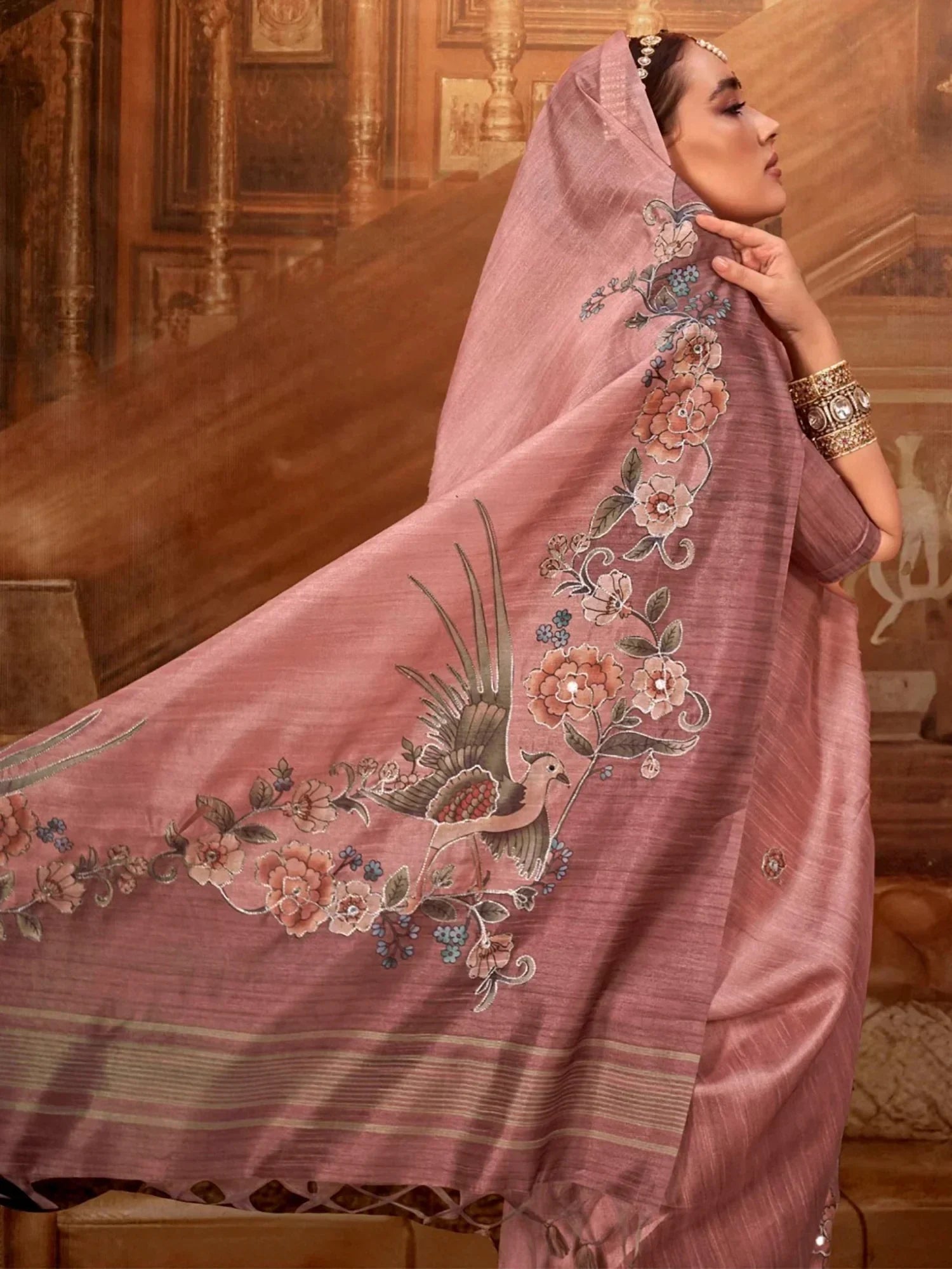 Impressive Pink Hand Work Tussar Silk Festive Wear Saree With Blouse