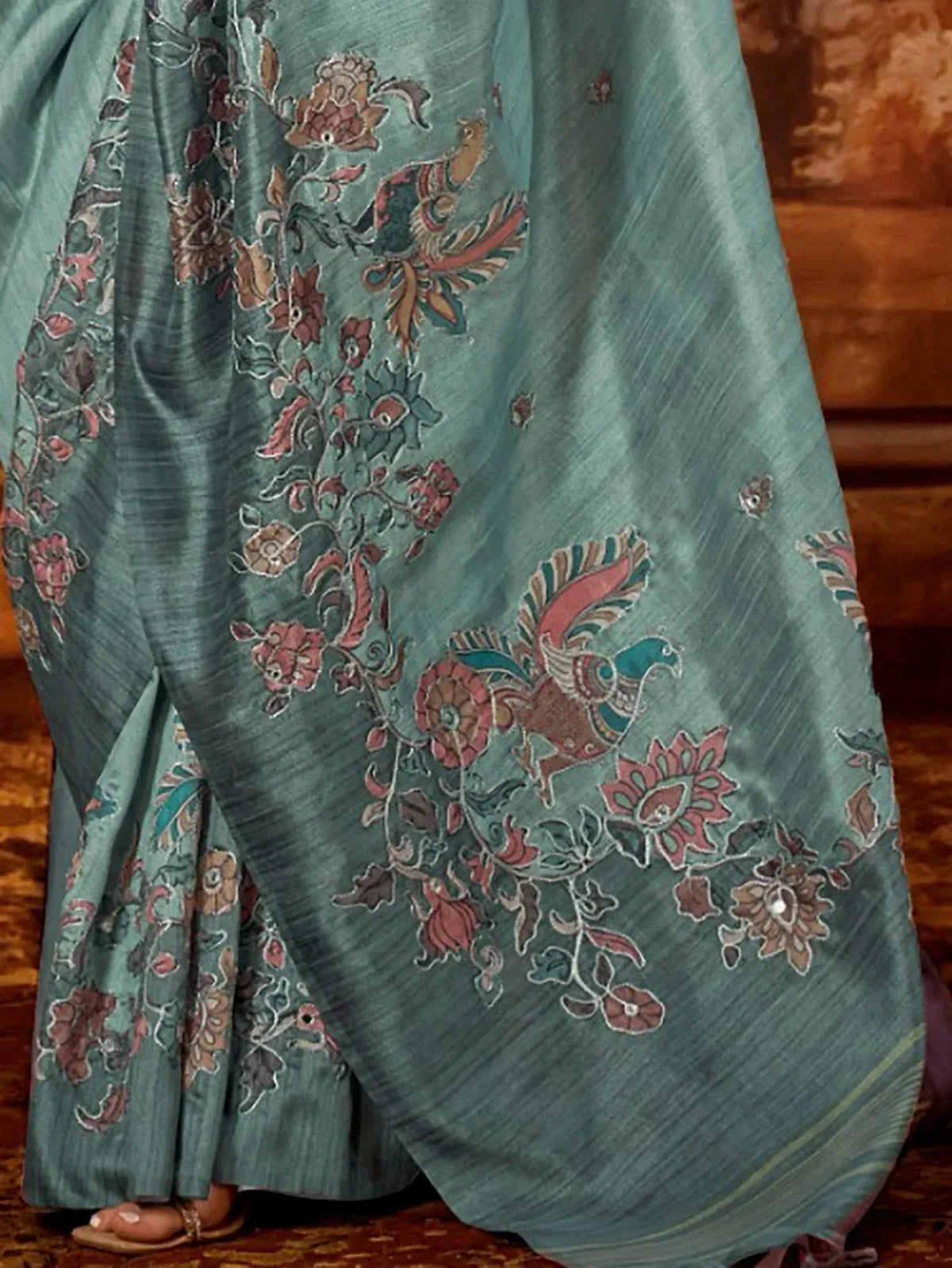 Teal saree with floral and bird embroidery, ethnic Indian wear