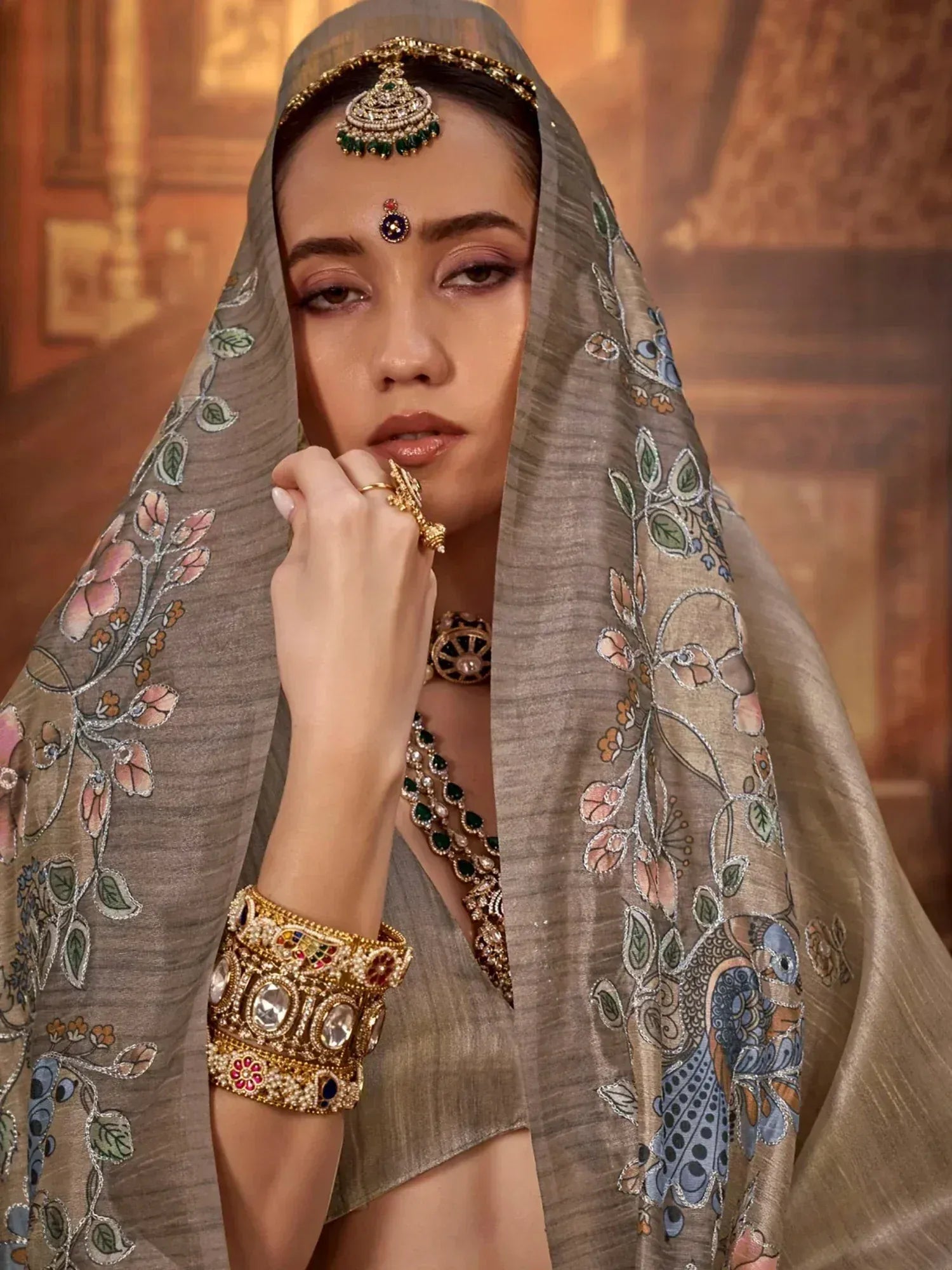 Awesome Grey Hand Work Tussar Silk Traditional Wear Saree With Blouse