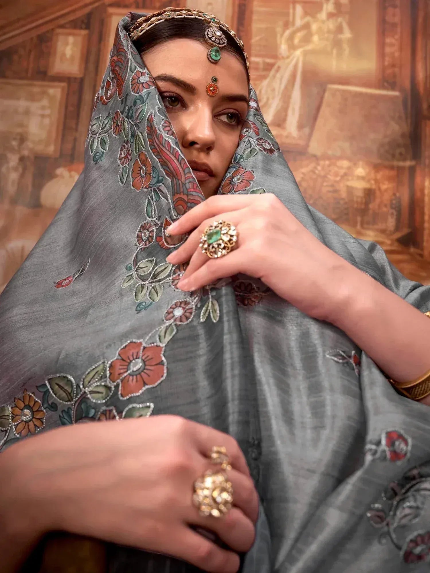 Glamorous Grey Hand Work Tussar Silk Wedding Wear Saree With Blouse
