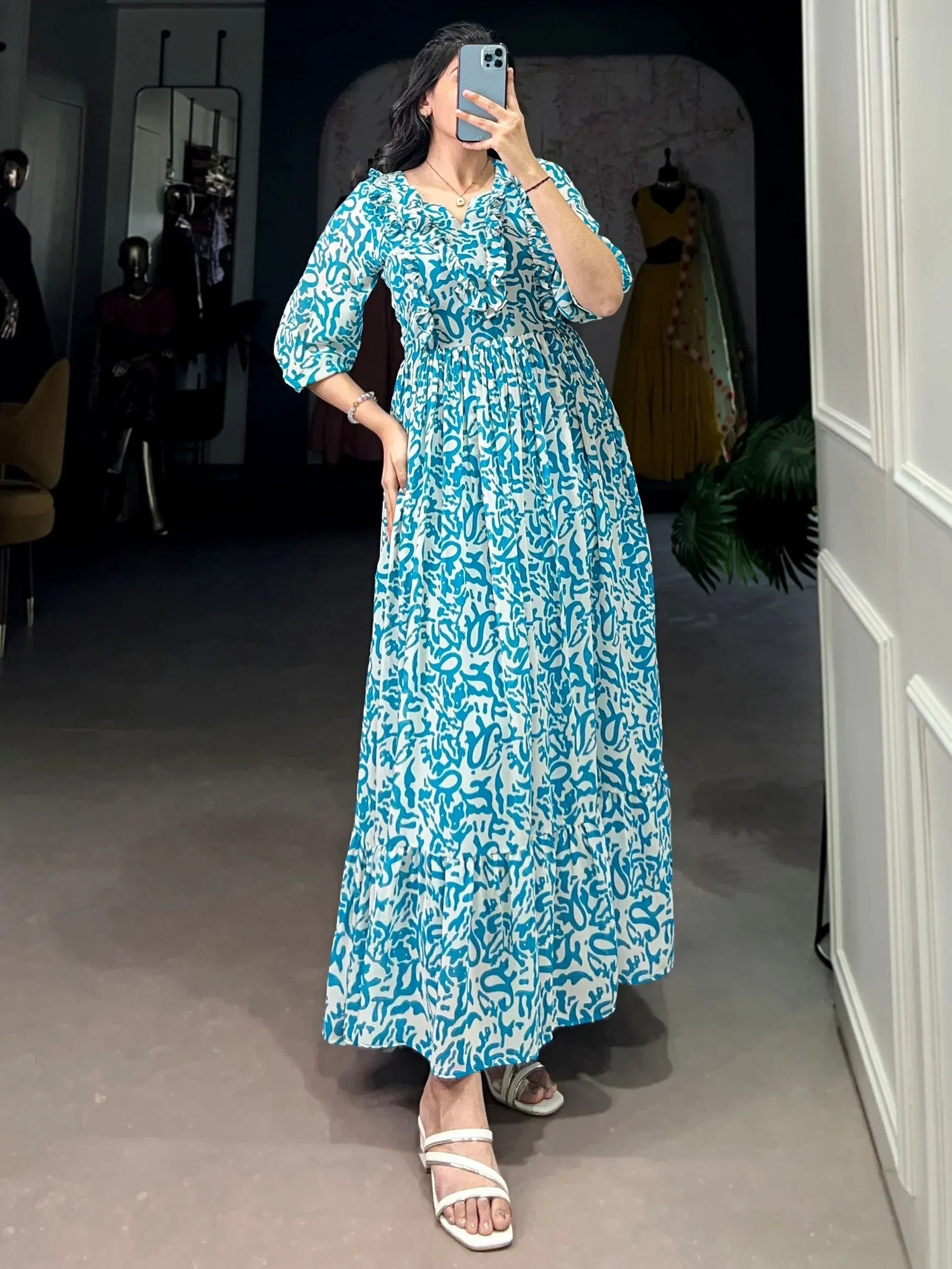 Elegant Blue Digital Print Georgette Casual Wear Dress