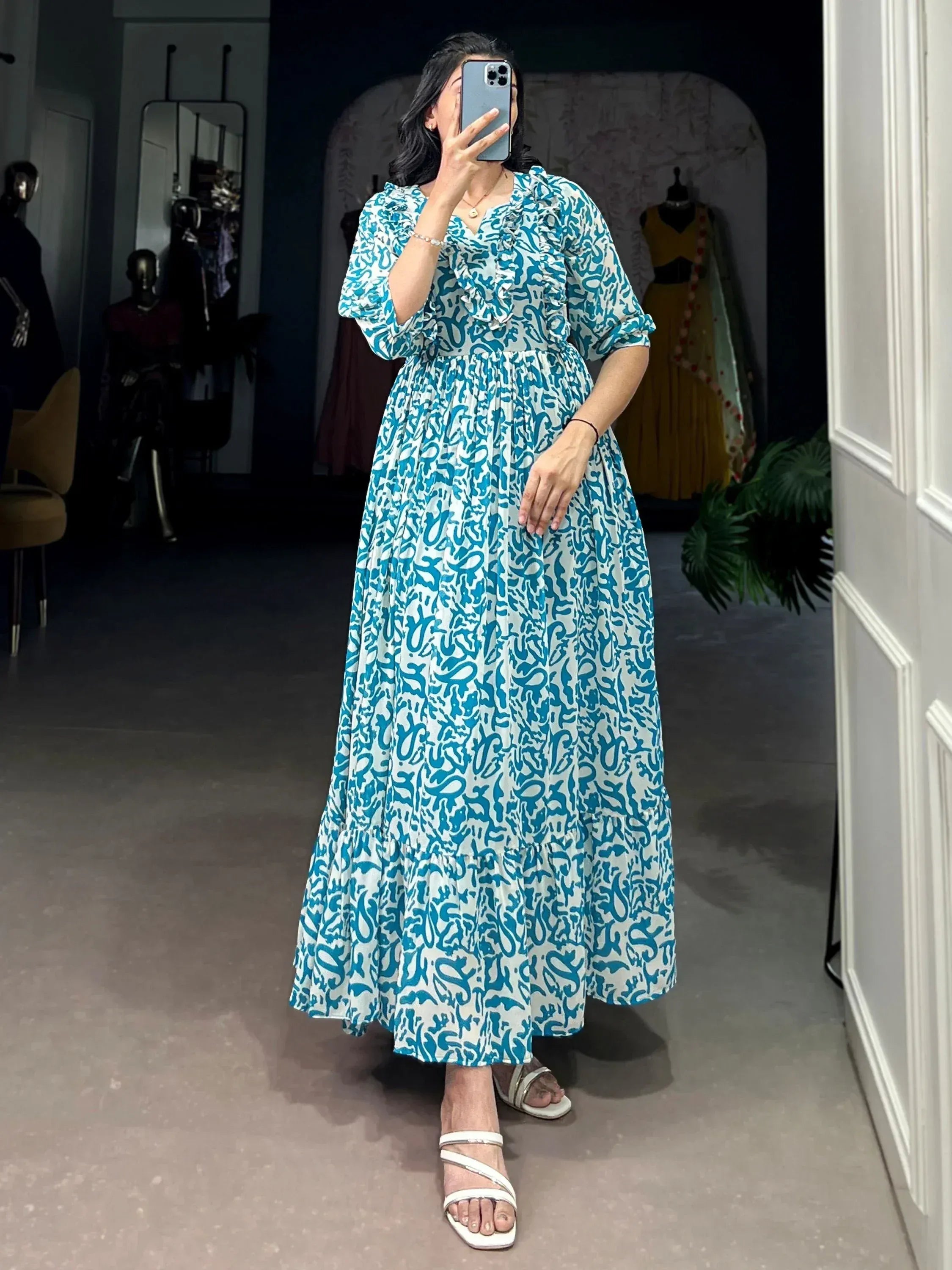 Elegant Blue Digital Print Georgette Casual Wear Dress