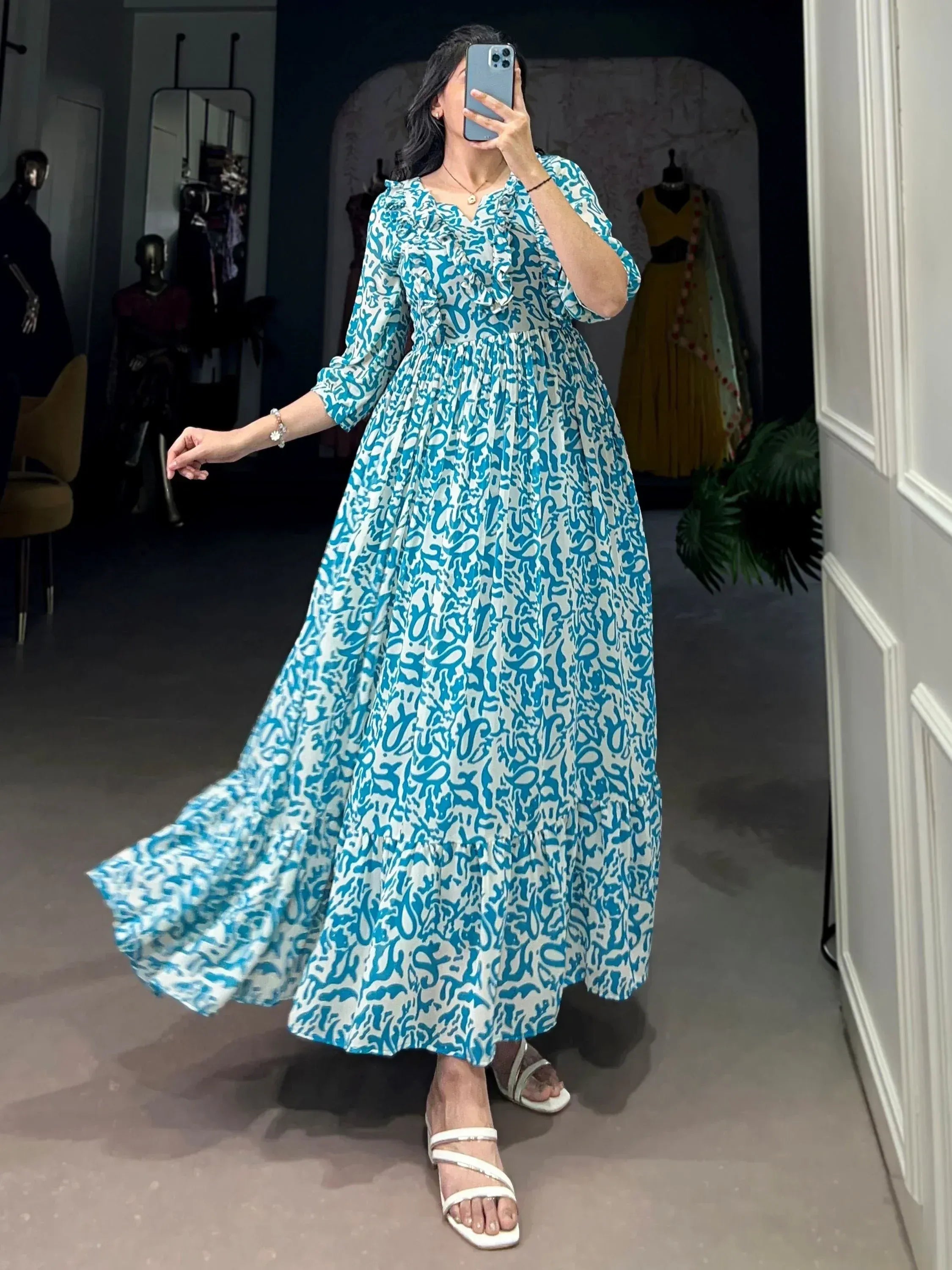 Elegant Blue Digital Print Georgette Casual Wear Dress
